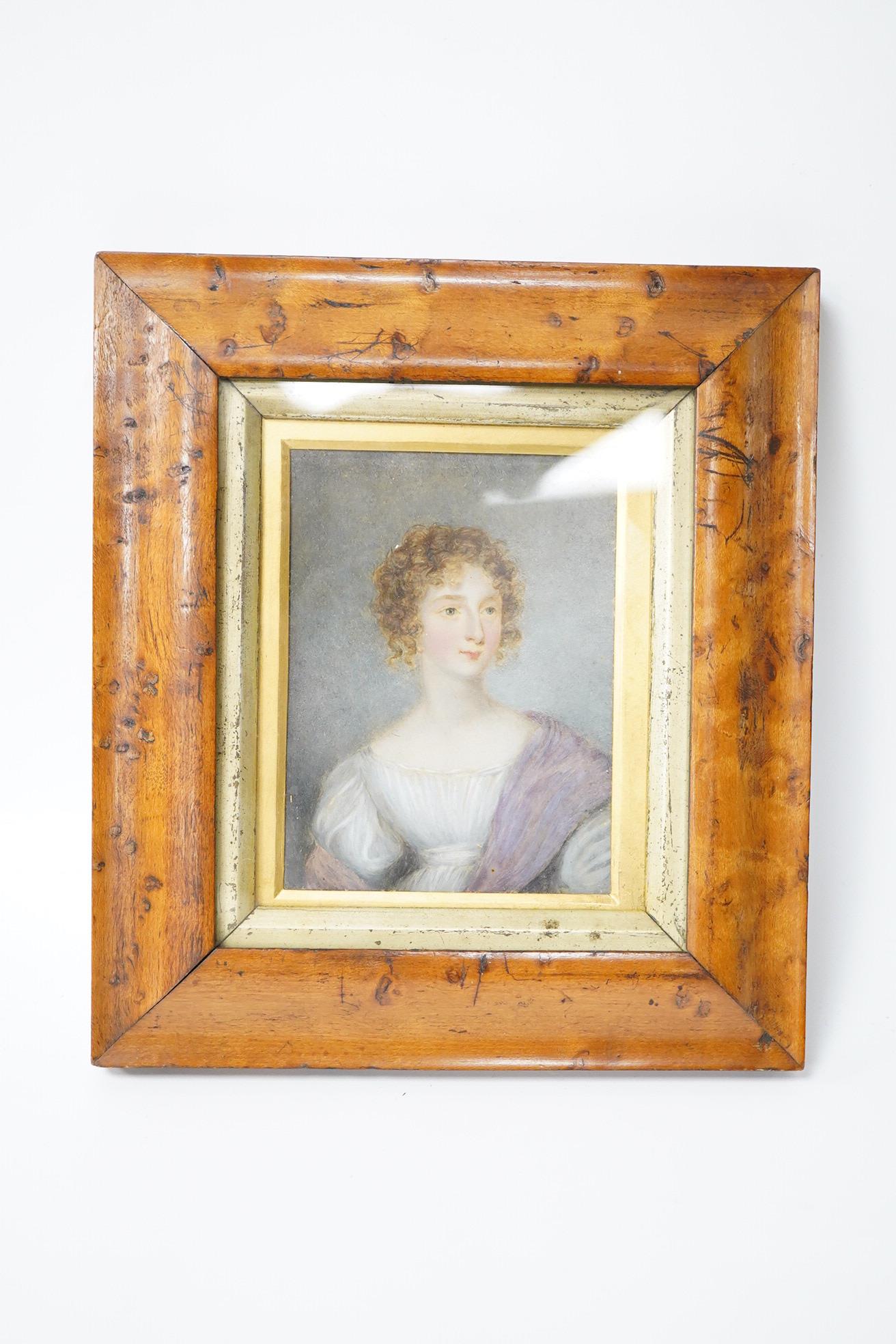 Regency School, Portrait of a seated lady wearing a shawl, portrait miniature, watercolour on ivory, housed in a maple frame, 9.5 x 7cm CITES Submission reference 2YVL7VX2